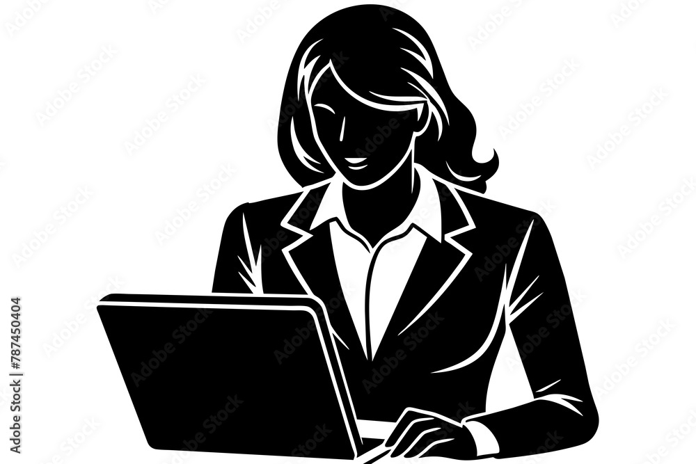Businesswoman working on laptop black silhouette in white background Businesswoman working on laptop black silhouette in white background