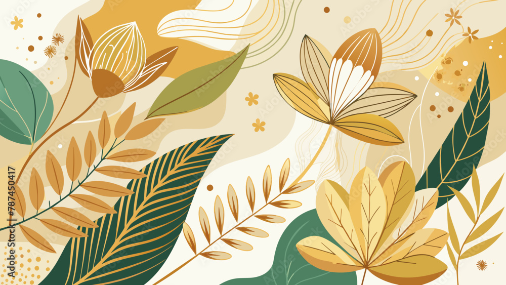 Fototapeta premium golden line art flower and botanical leaves