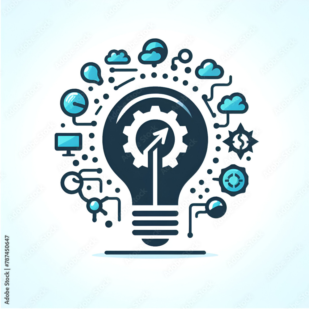 Light bulb with gear and cloud icons representing innovation ideas and technology on a light blue background Light bulb with gear and cloud icons representing innovation ideas and technology on a light blue background