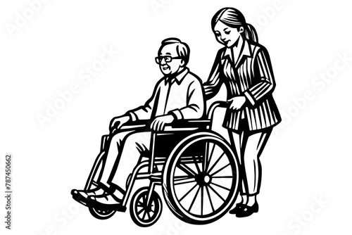 A young granddaughter helps an old grandfather in a wheelchair vector silhouette 