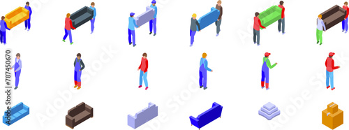 Men carrying sofa icons set isometric vector. Worker moving. Furniture apartment