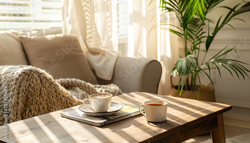 Coffee table with cup of tea, magazines and houseplant near armchair in living room