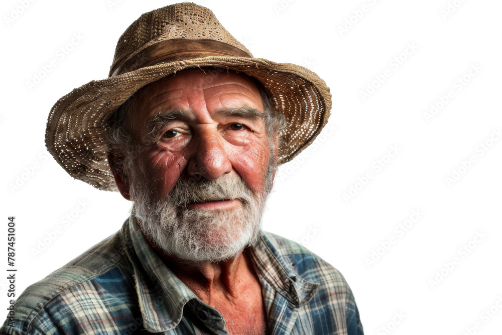 Portrait studio shot of mature senior Farmer man weaning straw hat isolated on transparent png background, person look at camera, agriculture worker. - obrazy, fototapety, plakaty 
