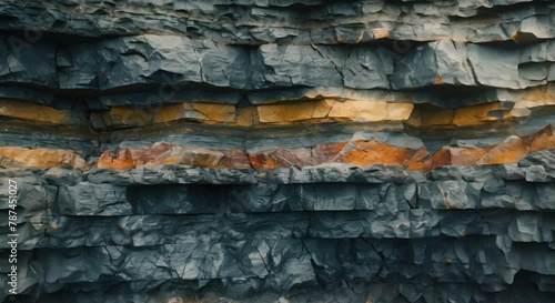 A close up of a rock face with visible layers of sediment. photo