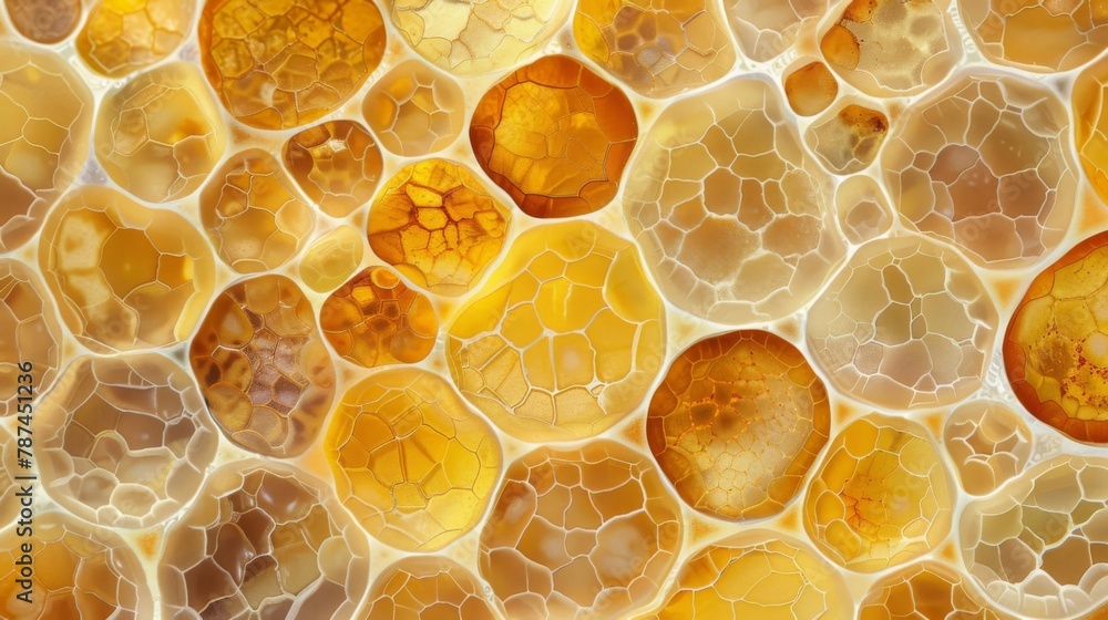 An adipose tissue sample under the microscope with the cells arranged in a honeycomb pattern. The cells vary in size and contain different - obrazy, fototapety, plakaty 