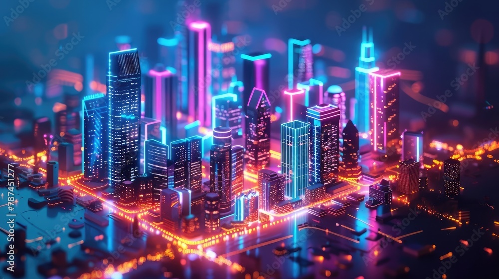Dazzling Neon Lit Cityscape Futuristic Skyscrapers Aglow in a Captivating Landscape