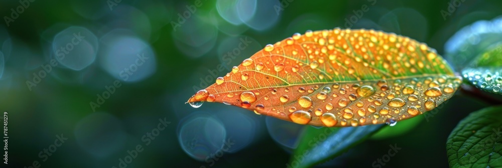 Close up view of a leaf covered in water droplets Close up view of a leaf covered in water droplets