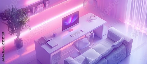 Vibrant Minimalist High Tech Workspace with Neon Lighting and Chic Furniture