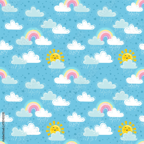 Hand drawn vector illustration. Seamless pattern with cute rainbow, rain cloud and smiling sun © Nataliia