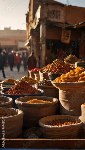 A market with many different types of food, including nuts and spices.