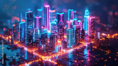 Dazzling Neon Lit Cityscape Futuristic Skyscrapers Aglow in a Captivating Landscape