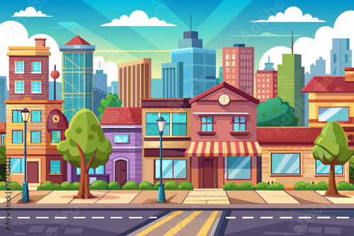 Presenting our vector seamless cartoon city street background, tailor-made for game UI design. With its lively and detailed streetscape, it's the perfect backdrop to bring your game to life