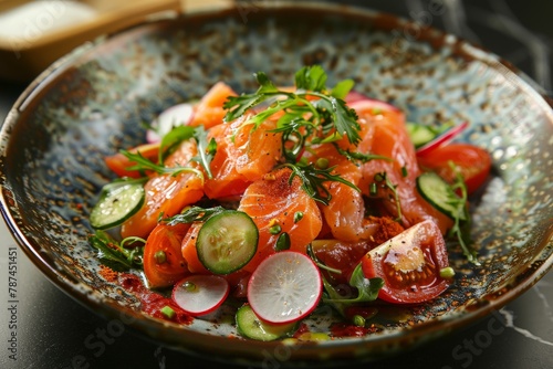 Salad with fresh vegetables and seafood: cucumbers, tomatoes, radish, salmon or trout. Healthy and delicious food