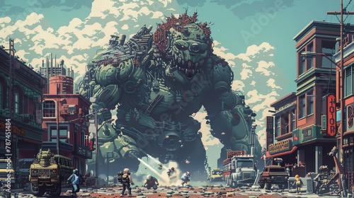 Illustrate a pixel art composition featuring a birds-eye view of a post-apocalyptic world where celebrity superheroes are tackling monstrous adversaries Use vibrant colors and dynamic poses to convey photo