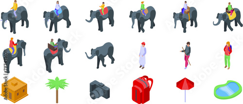 Elephant rides icons set isometric vector. Indian boy. Sitting travel tourist