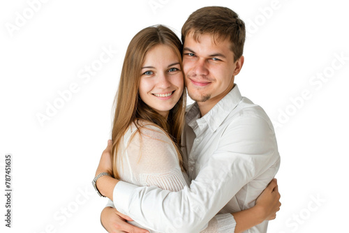 Portrait of happy couple hugging and holding together with smiling isolated on transparent png background, loving moment, romantic scene.