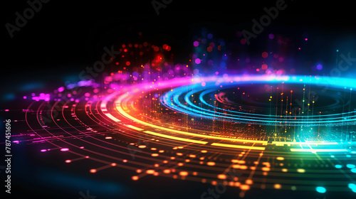 Abstract circular disc design with laser lights in rainbow colors, technology background for music, dj or data storage and transfer.