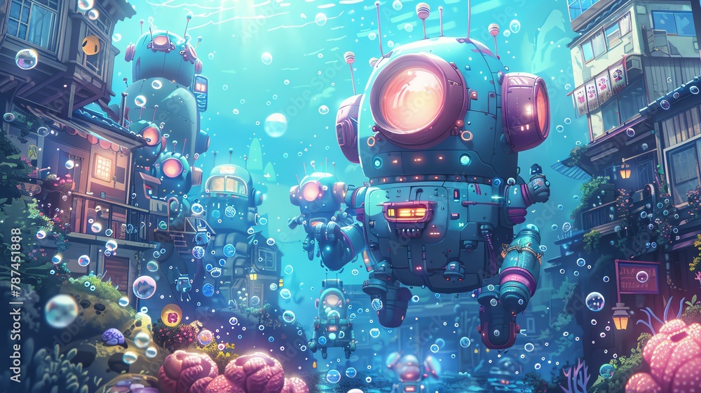 Capture the whimsical scene using pixel art, showcasing cute robots busting moves with bubbles and marine life around, creating a joyful underwater ambiance