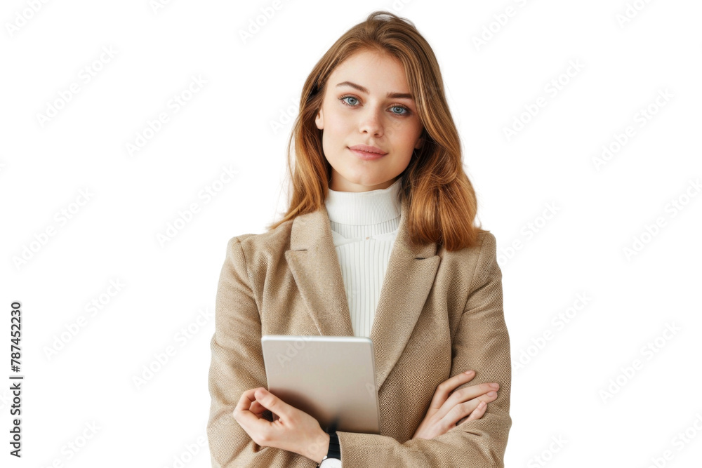 Studio portrait company worker beautiful young Caucasian woman with an attractive smile wearing casual outfits and holding digital tablet, isolated on transparent png background. Studio portrait company worker beautiful young Caucasian woman with an attractive smile wearing casual outfits and holding digital tablet, isolated on transparent png background.