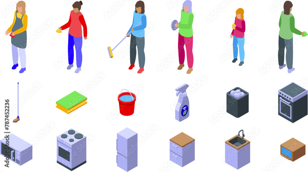 Housewife cleaning kitchen icons set isometric vector. Messy woman. Detergent bottle Housewife cleaning kitchen icons set isometric vector. Messy woman. Detergent bottle