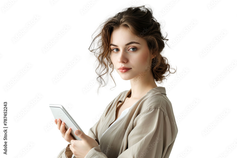 Studio portrait company worker beautiful young Caucasian woman with an attractive smile wearing casual outfits and holding digital tablet, isolated on transparent png background. Studio portrait company worker beautiful young Caucasian woman with an attractive smile wearing casual outfits and holding digital tablet, isolated on transparent png background.