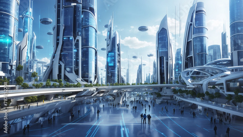 A futuristic city with skyscrapers and a river running through it.

 photo