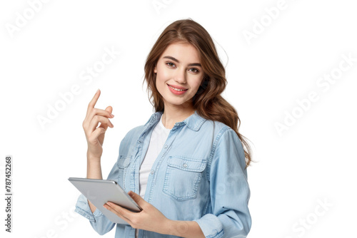 Studio portrait company worker beautiful young Caucasian woman with an attractive smile wearing casual outfits and holding digital tablet, isolated on transparent png background.