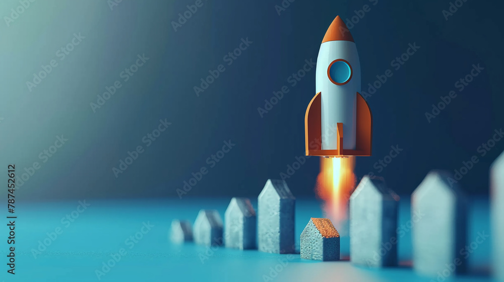 A rocket ascending parallel to a bar chart with rising bars, each bar a ...