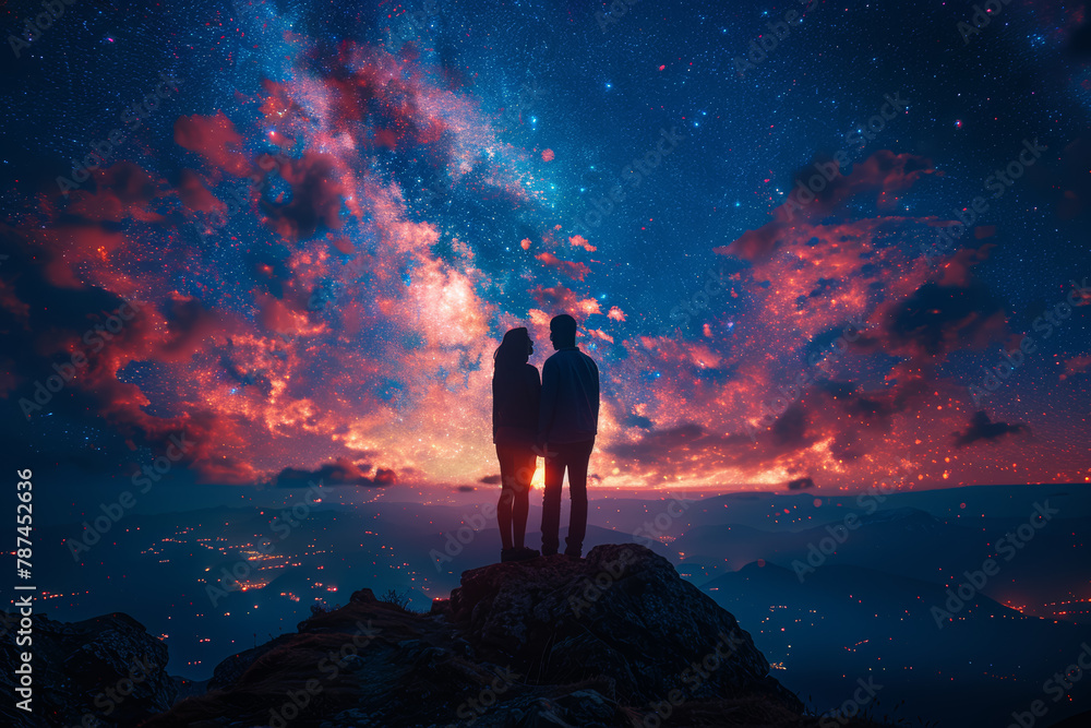 Fototapeta premium Affectionate embraces shared under the starlit sky, symbolizing deep emotional connection. Concept of romantic intimacy and celestial beauty. Generative Ai.