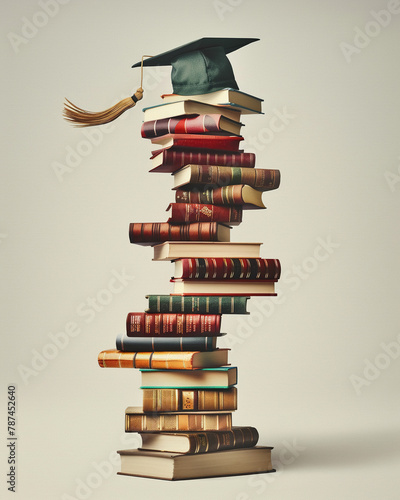 A stack of books leading up to a graduation cap, each book representing knowledge accumulated on the journey to academic achievement