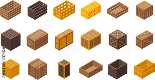 Wooden crates icons set isometric vector. Storage box. View front food