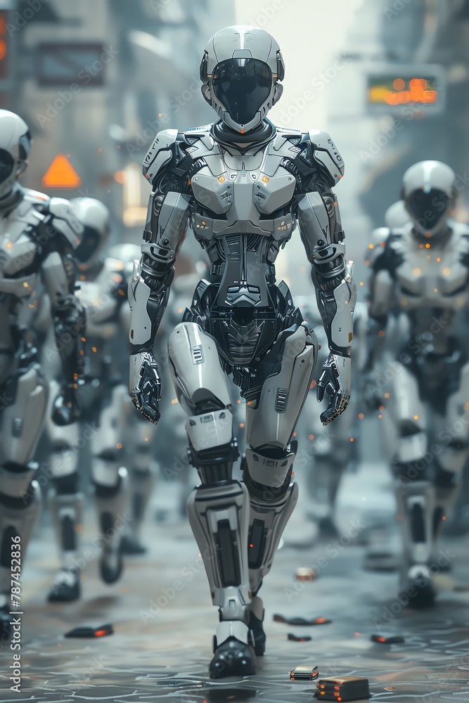 Capture a futuristic, metallic-clad model strutting in zero gravity, surrounded by holographic spectators Use CG 3D rendering for a sleek, otherworldly feel Capture a futuristic, metallic-clad model strutting in zero gravity, surrounded by holographic spectators Use CG 3D rendering for a sleek, otherworldly feel