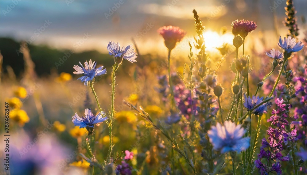 A field of wildflowers swaying in the gentle breeze; beautiful summer meadow at sunset with clouds on top ground under clear sky, natural patterns