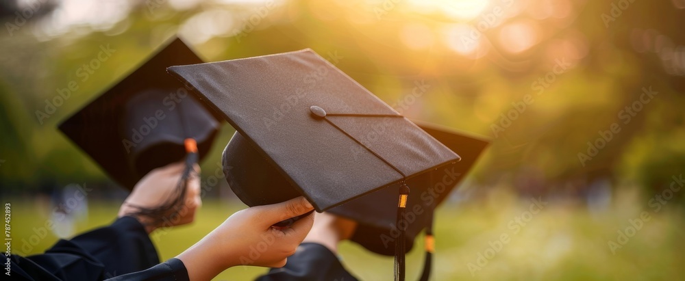 college students wearing black gowns and holding graduation caps in their hands Generative AI college students wearing black gowns and holding graduation caps in their hands Generative AI