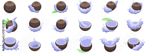 Coconut milk splash icons set isometric vector. Fresh cooking. Food beverage