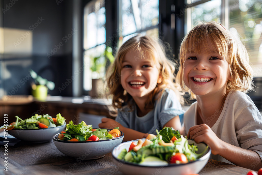 Kids smile brightly while enjoying a nutritious vegetarian salad by the window. Healthy concept, meal. Generative AI