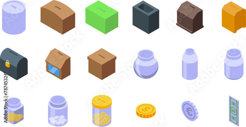 Money box tips icons set isometric vector. Glass savings. Acrylic fund