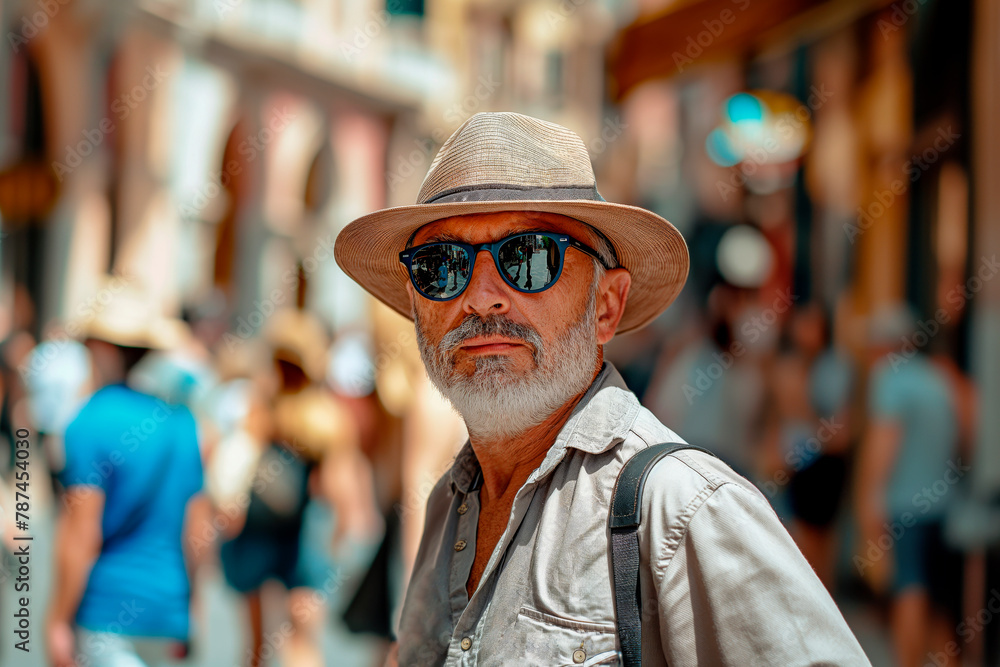 Portrait of a handsome smiling elderly tourist wearing a straw hat, shirt and sunglasses on a street in Italy