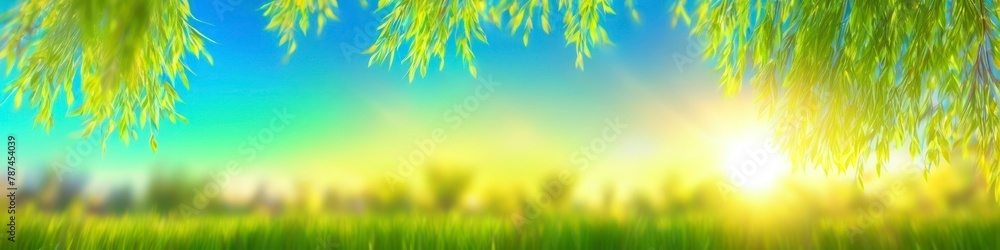 Abstract blurred illustration midsummer  sun rays break through willow leaves. Background for design, place for text.	