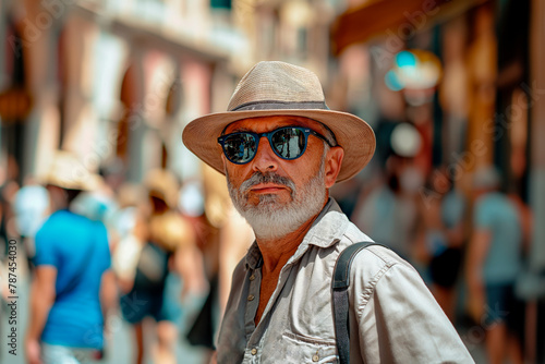 Portrait of a handsome smiling elderly tourist wearing a straw hat, shirt and sunglasses on a street in Italy