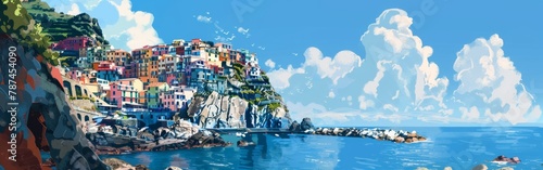 A painting of a colorful town with a blue sky and a body of water photo