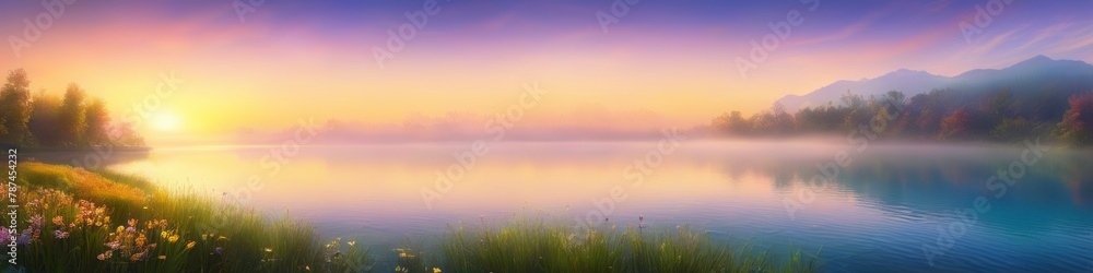 Abstract midsummer watercolor blurred landscape of mountain lake at sunset in delicate pastel colors. Abstract background for design, place for text.	
