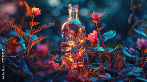 Glowing Potion Bottle Amidst Lush Botanical Foliage Captivating Product Photography