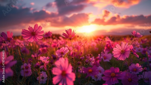 Vibrant Floral Meadow at Glowing Sunset with Backlit Petals and Dramatic Sky