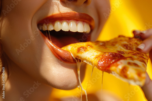 Person eating unhealthy slice of stretchy cheese pizza, enjoying junk street food, yellow background.