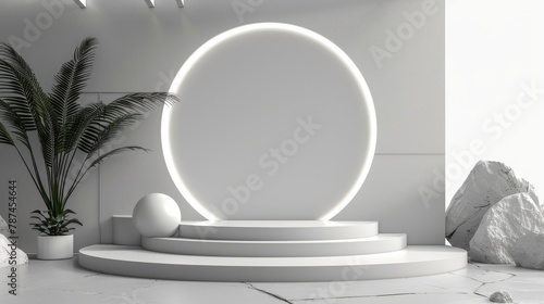A white room with a large white circle in the middle