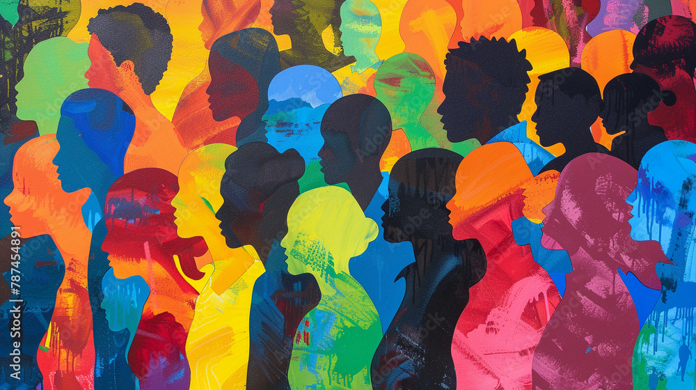 A community event depicted with colorful silhouettes of diverse individuals, highlighting cultural unity and diversity