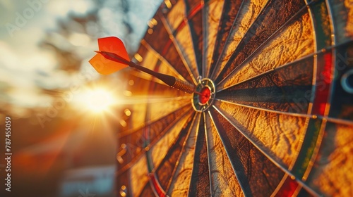 Sunset Illuminated Dart Centered on Dartboard Representing Business Concept of Achieving Goals and Targets