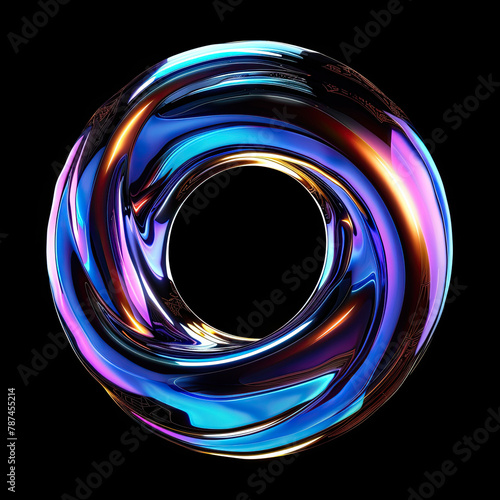 Neon fluid forms liquid metallic circle shape isolated on black background.
