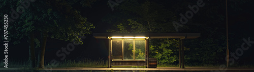 A single light illuminates an isolated bus stop during a quiet night, creating a stark contrast with the surrounding darkness